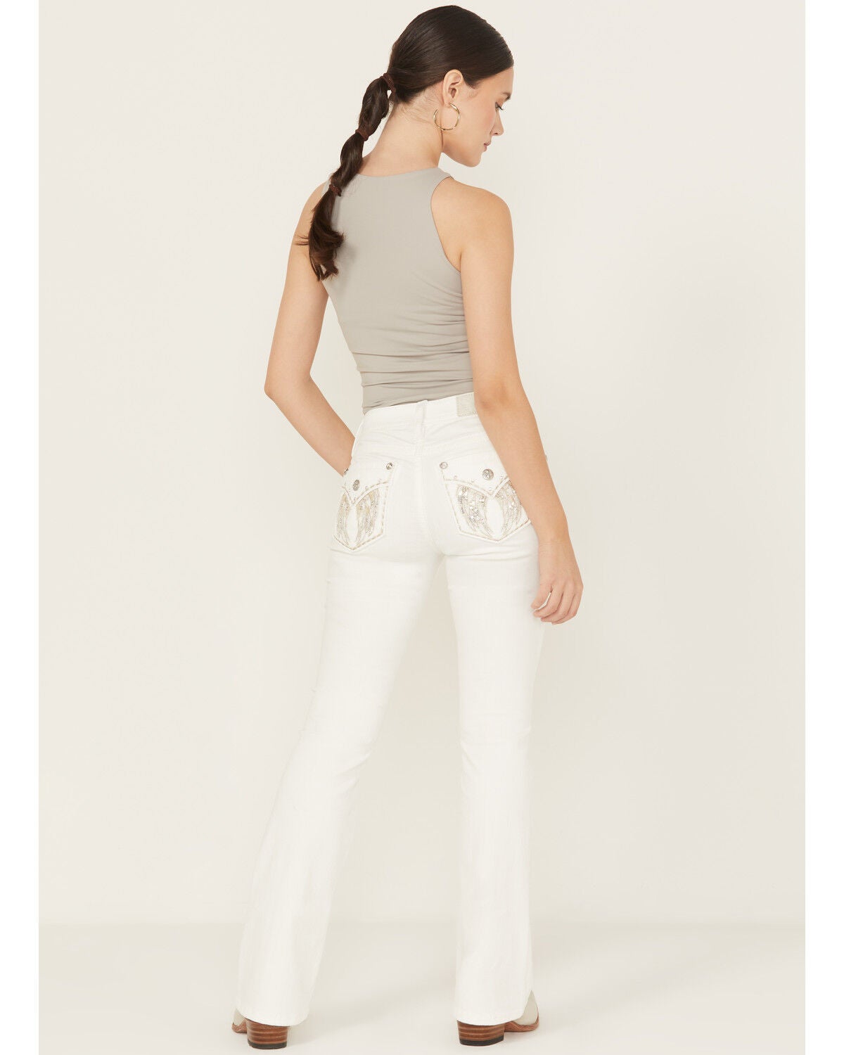 Image #1 - Miss Me Women's Mid Rise Wing Pocket 32" Bootcut Stretch Denim Jeans, White, hi-res