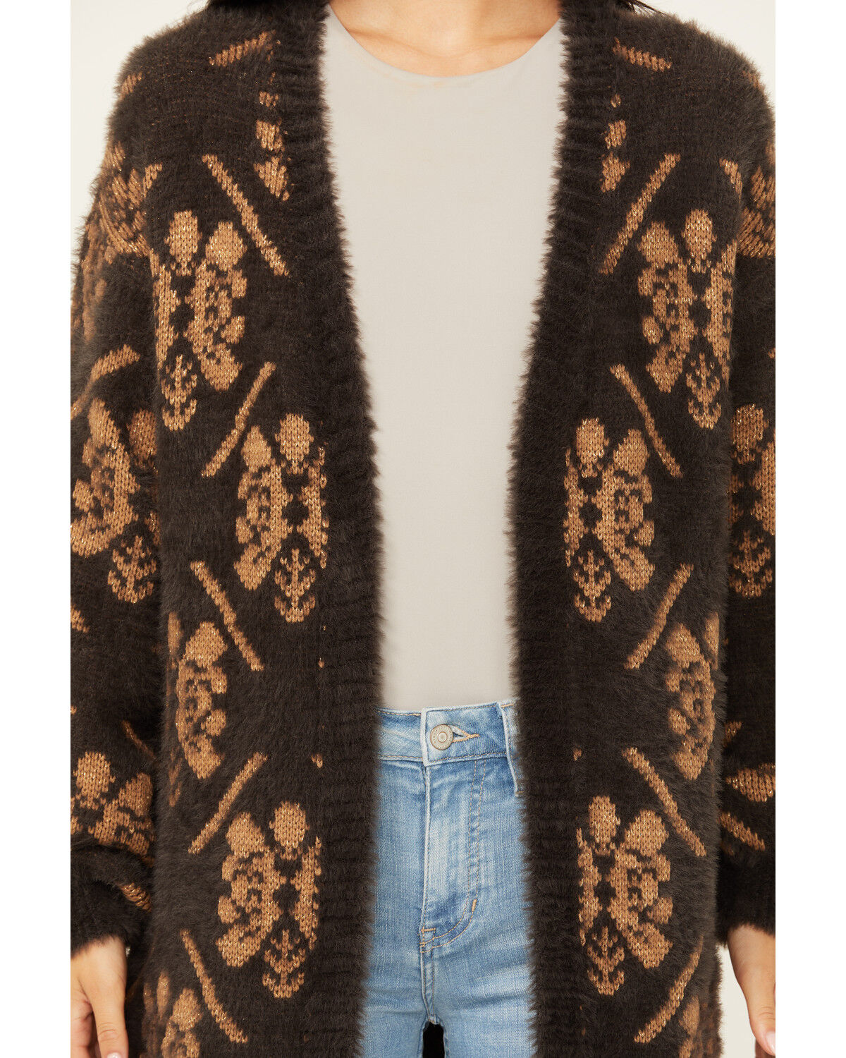 Image #3 - Room 34 Women's Floral Print Jacquard Cardigan, Charcoal, hi-res