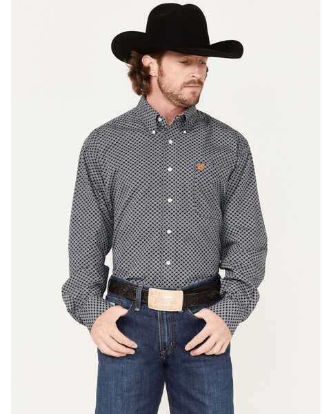 Cinch Men's Floral Geo Print Long Sleeve Button Down Western Shirt, Navy, hi-res