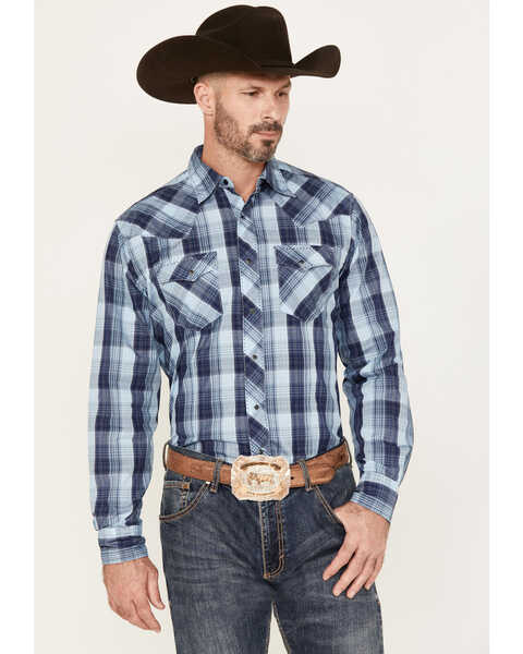 Image #1 - Wrangler Men's Plaid Print Long Sleeve Snap Western Shirt, Blue, hi-res