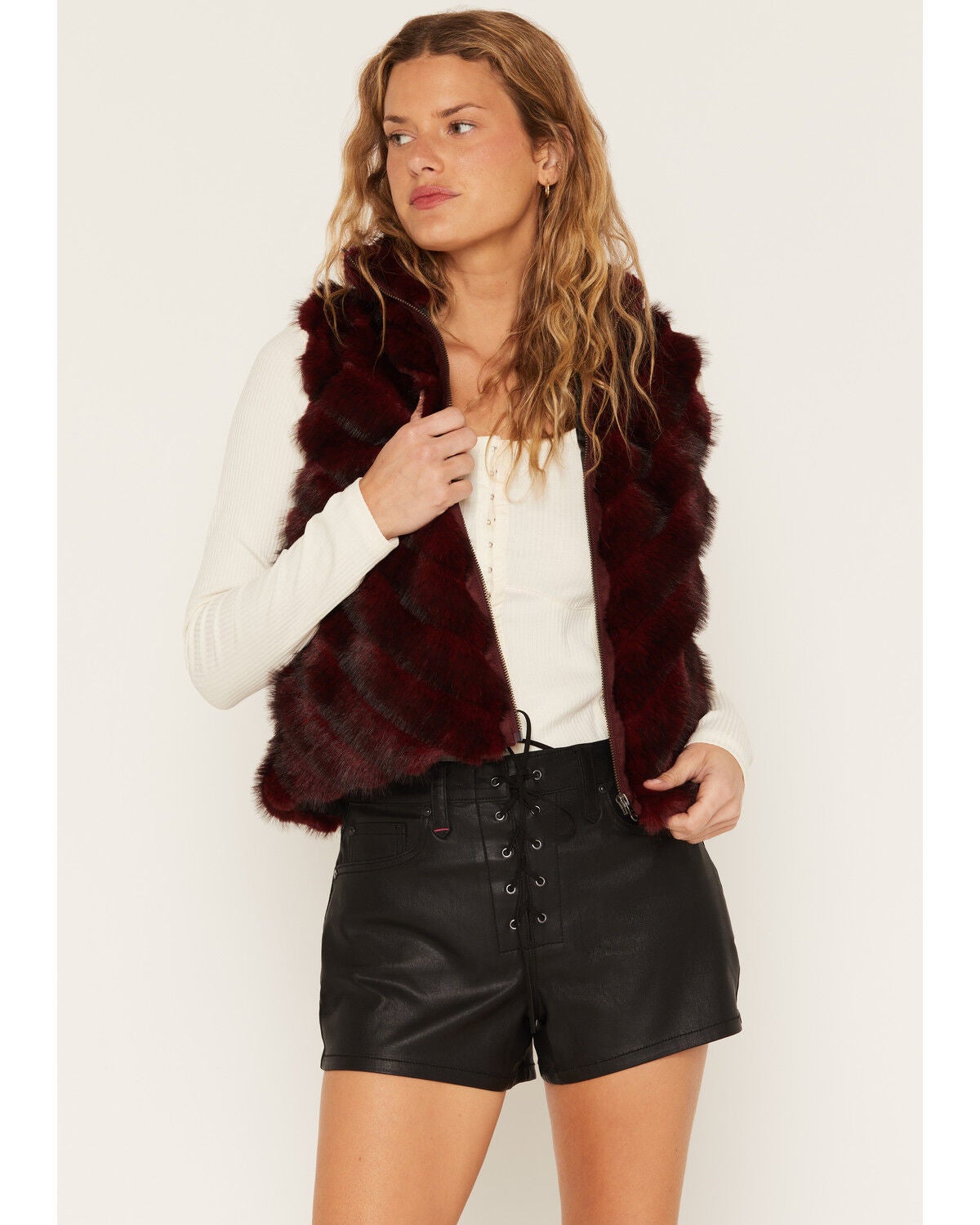 Cripple Creek Women's Faux Fur Zip-Up Vest, Red, hi-res