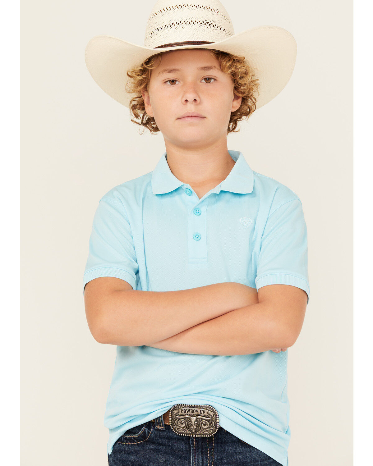 Image #1 - Ariat Boys' Tek Short Sleeve Polo Shirt, Aqua, hi-res