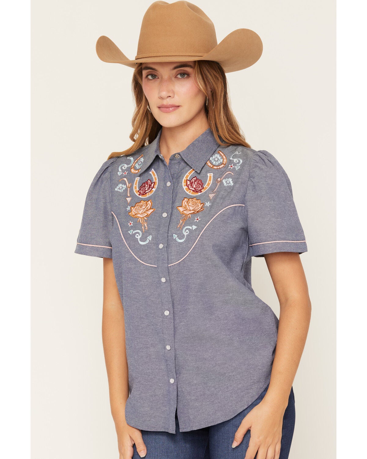 Image #2 - Howdy Hanny Women's Rose Embroidered Chambray Short Sleeve Pearl Snap Western Shirt, Blue, hi-res