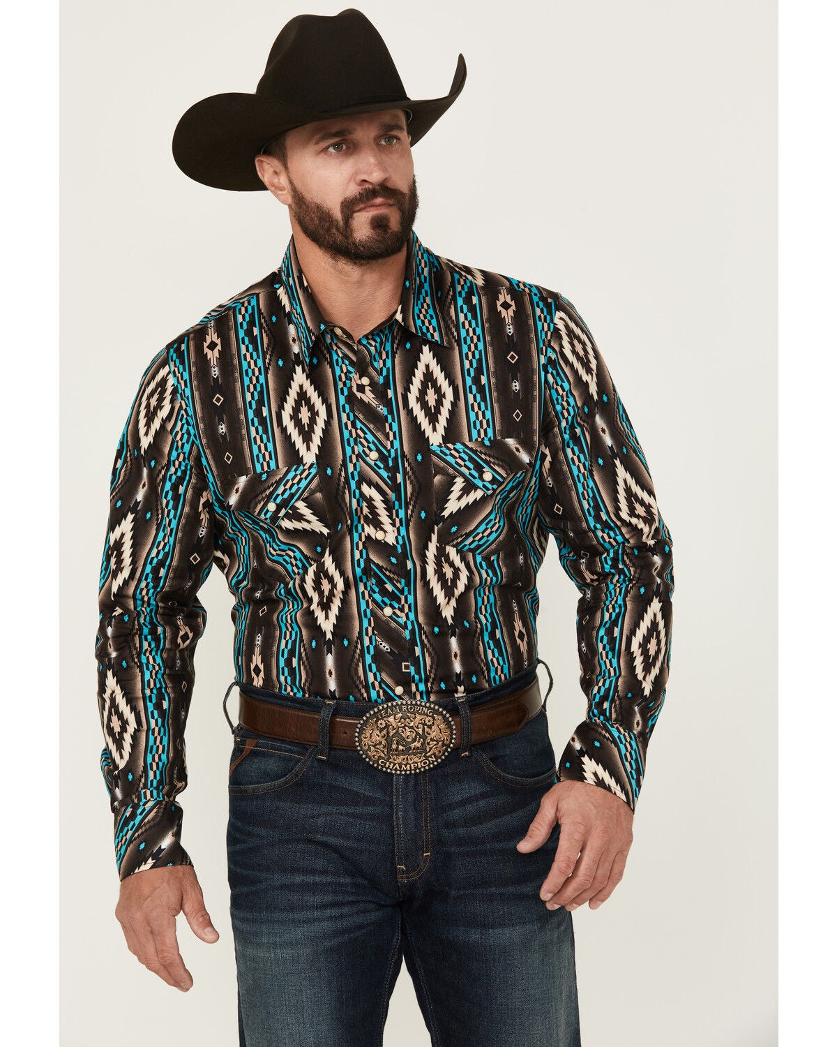 Rock & Roll Denim Men's Southwestern Print Long Sleeve Snap Stretch Western Shirt, Brown, hi-res