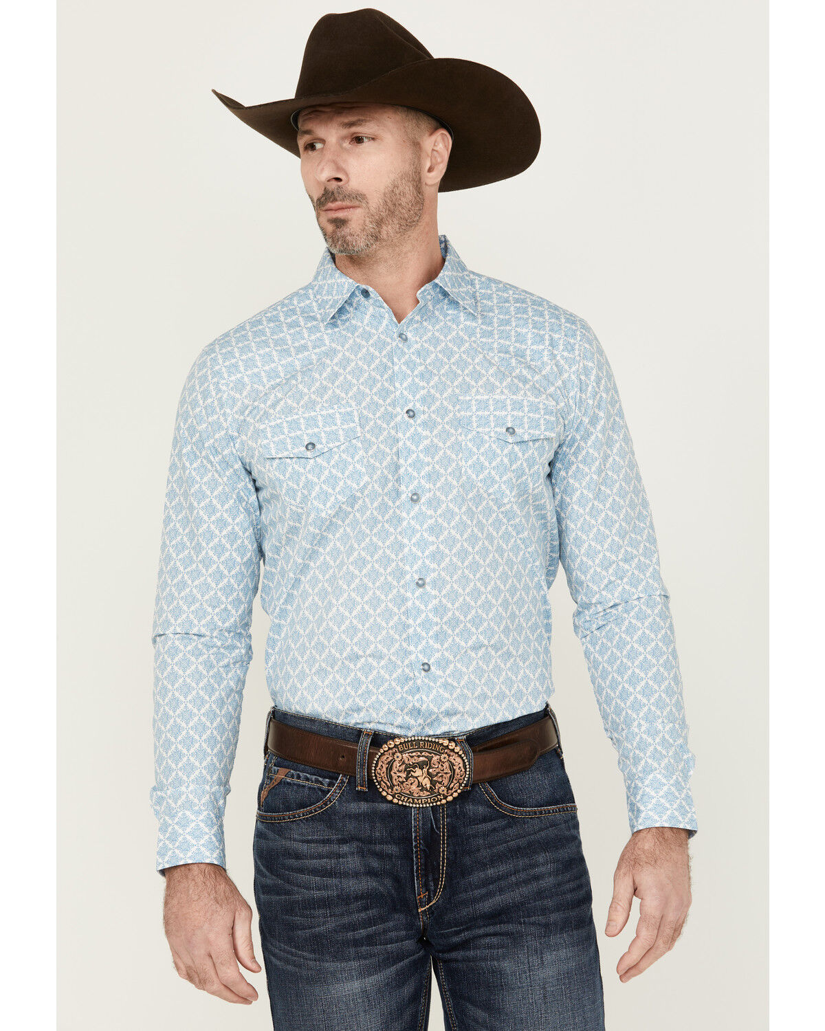 Image #1 - Gibson Men's Gma's Couch Mosaic Medallion Print Long Sleeve Snap Western Shirt, Light Blue, hi-res