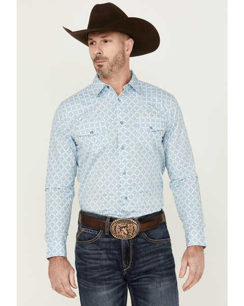 Image #1 - Gibson Men's Gma's Couch Mosaic Medallion Print Long Sleeve Snap Western Shirt , Light Blue, hi-res