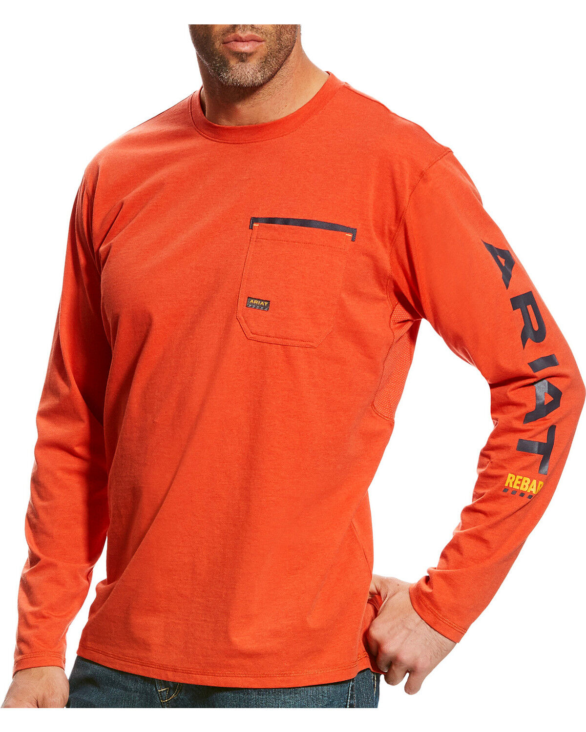 Image #1 - Ariat Men's Rebar Workman Long Sleeve Logo Crew, Red, hi-res