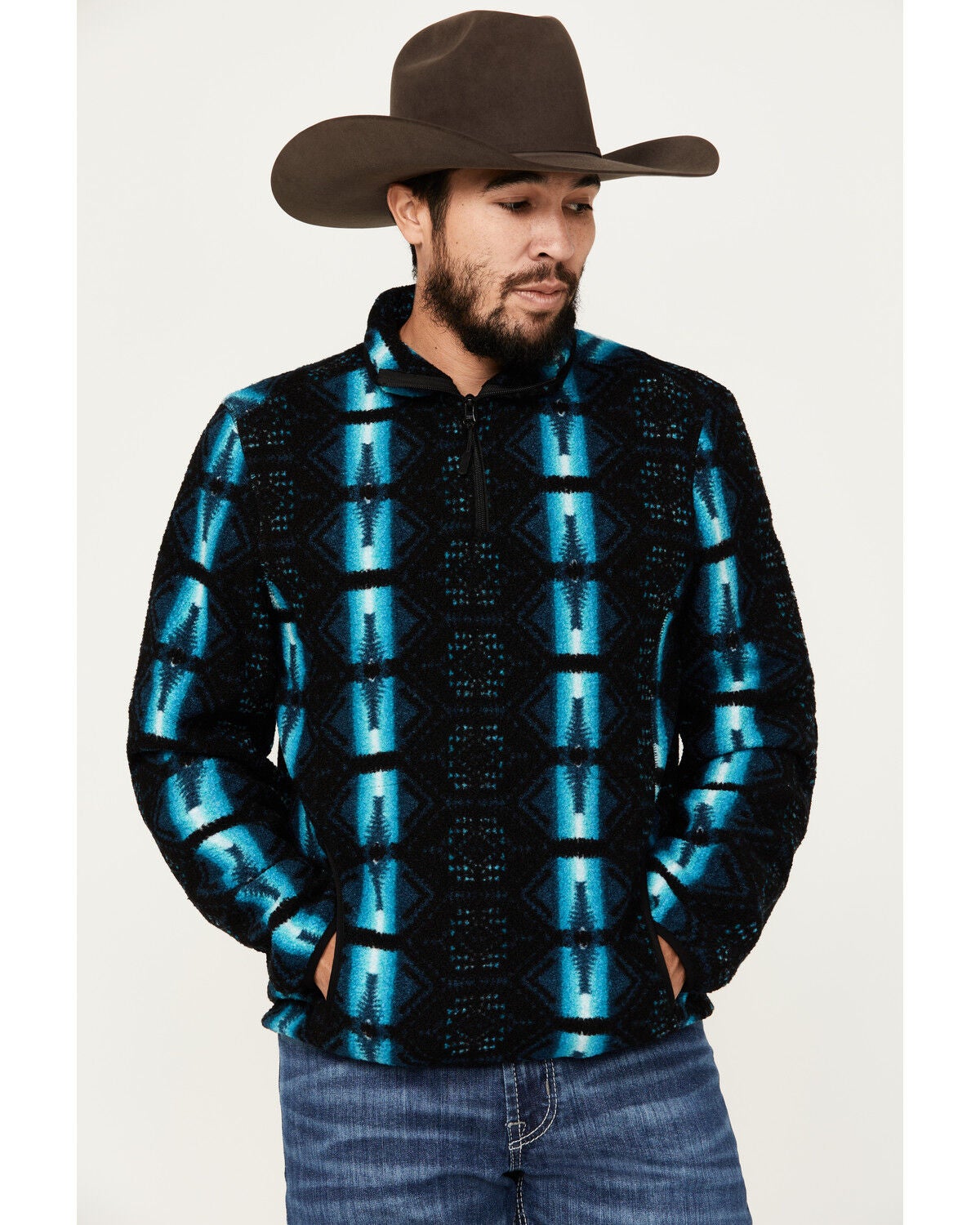 Rock & Roll Denim Men's Southwestern Print Berber Pullover, Teal, hi-res