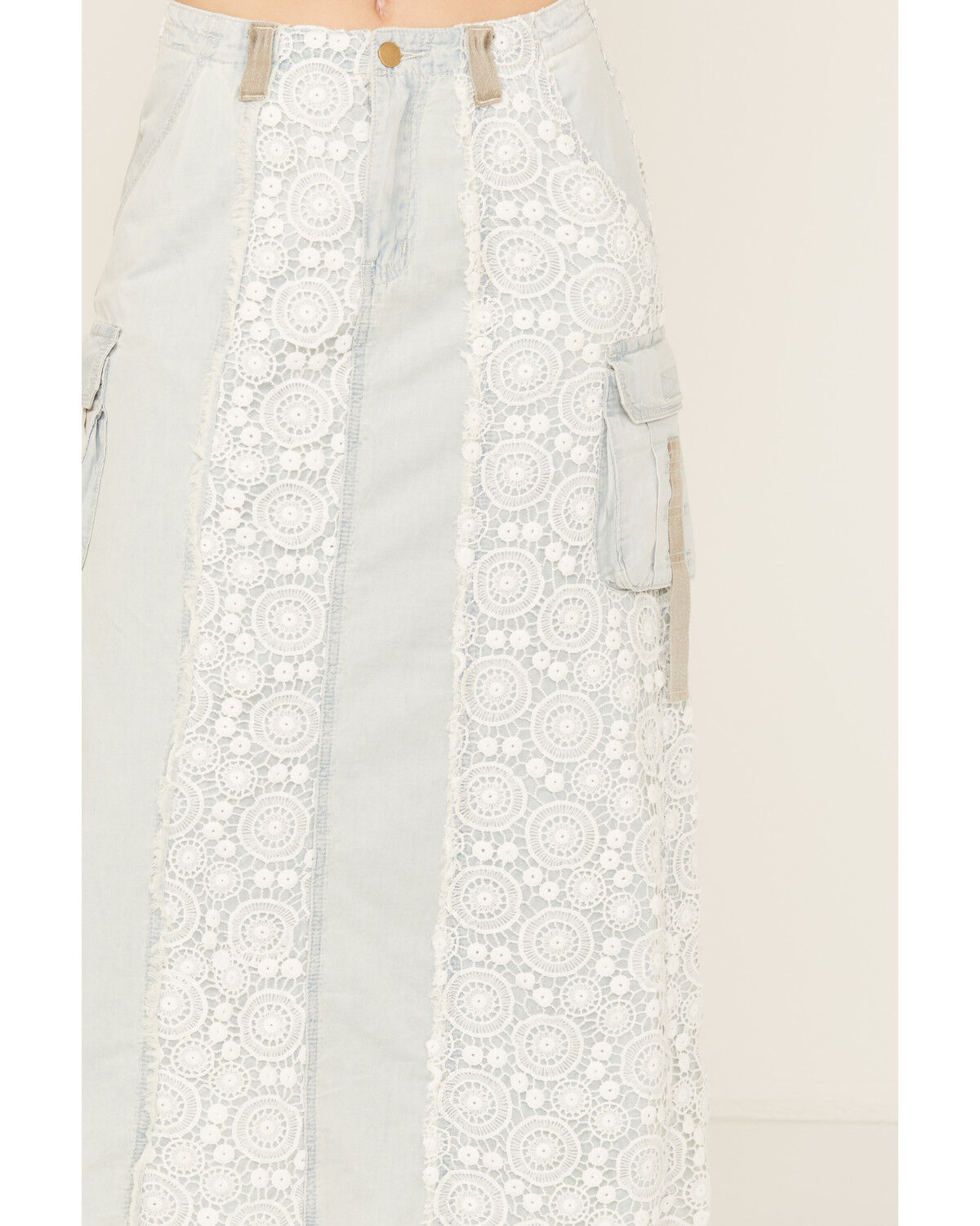 Image #2 - POL Women's Lace Light Wash Denim Midi Skirt, Light Wash, hi-res