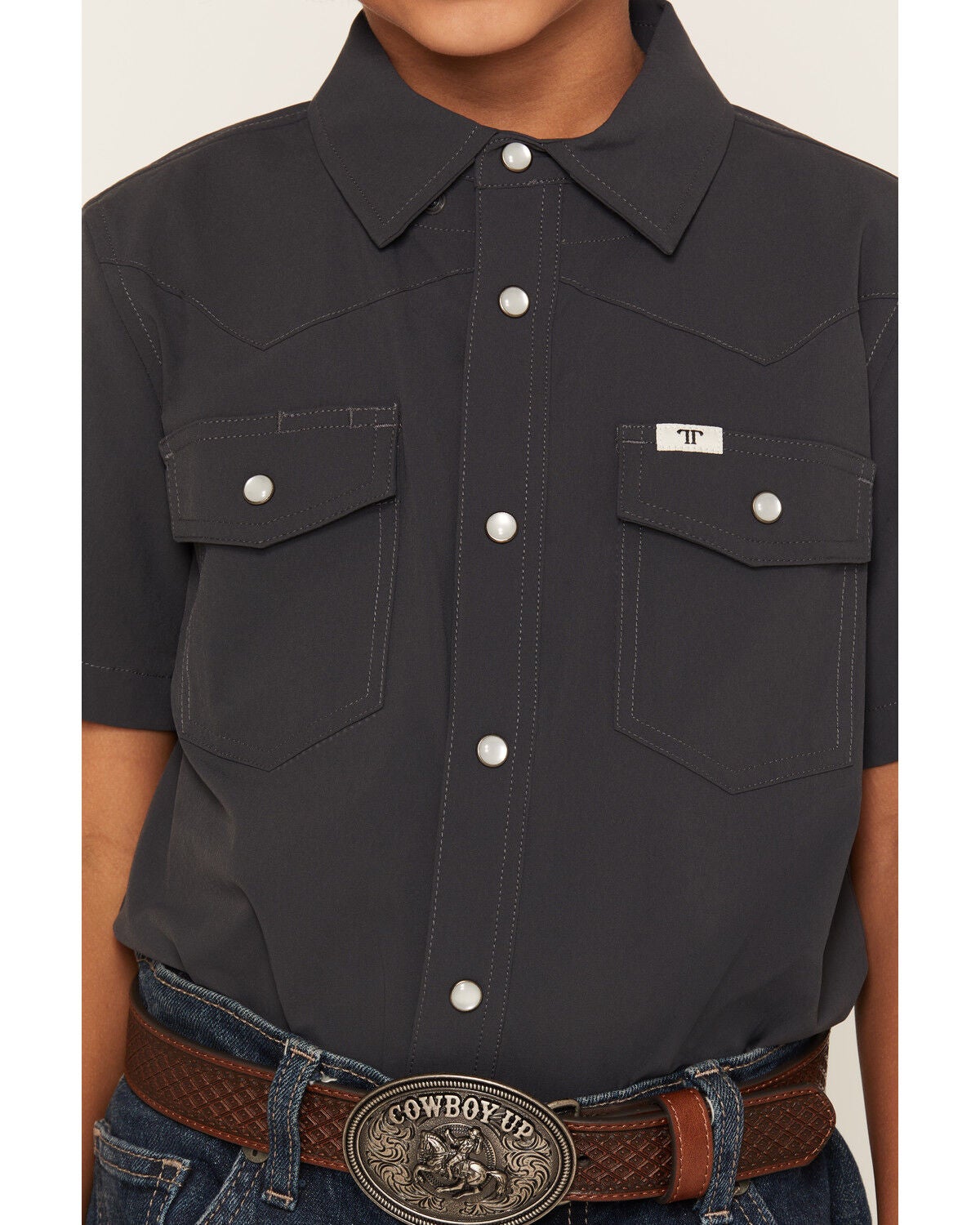 Image #3 - Ferrell Boys' Core Tek Solid Short Sleeve Snap Performance Western Shirt, Grey, hi-res