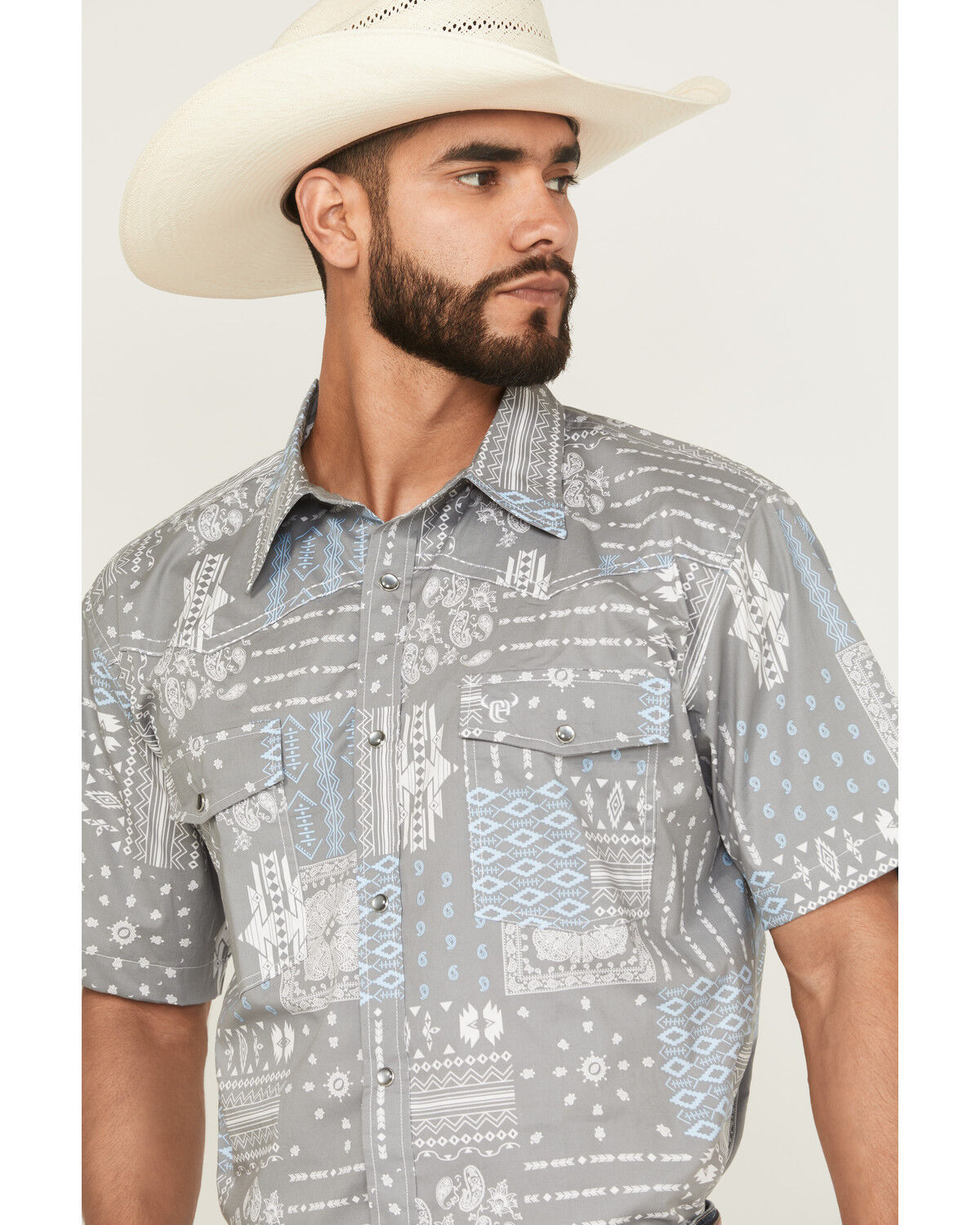 Image #2 - Cowboy Hardware Men's Southwestern Bandana Print Short Sleeve Snap Western Shirt, Grey, hi-res