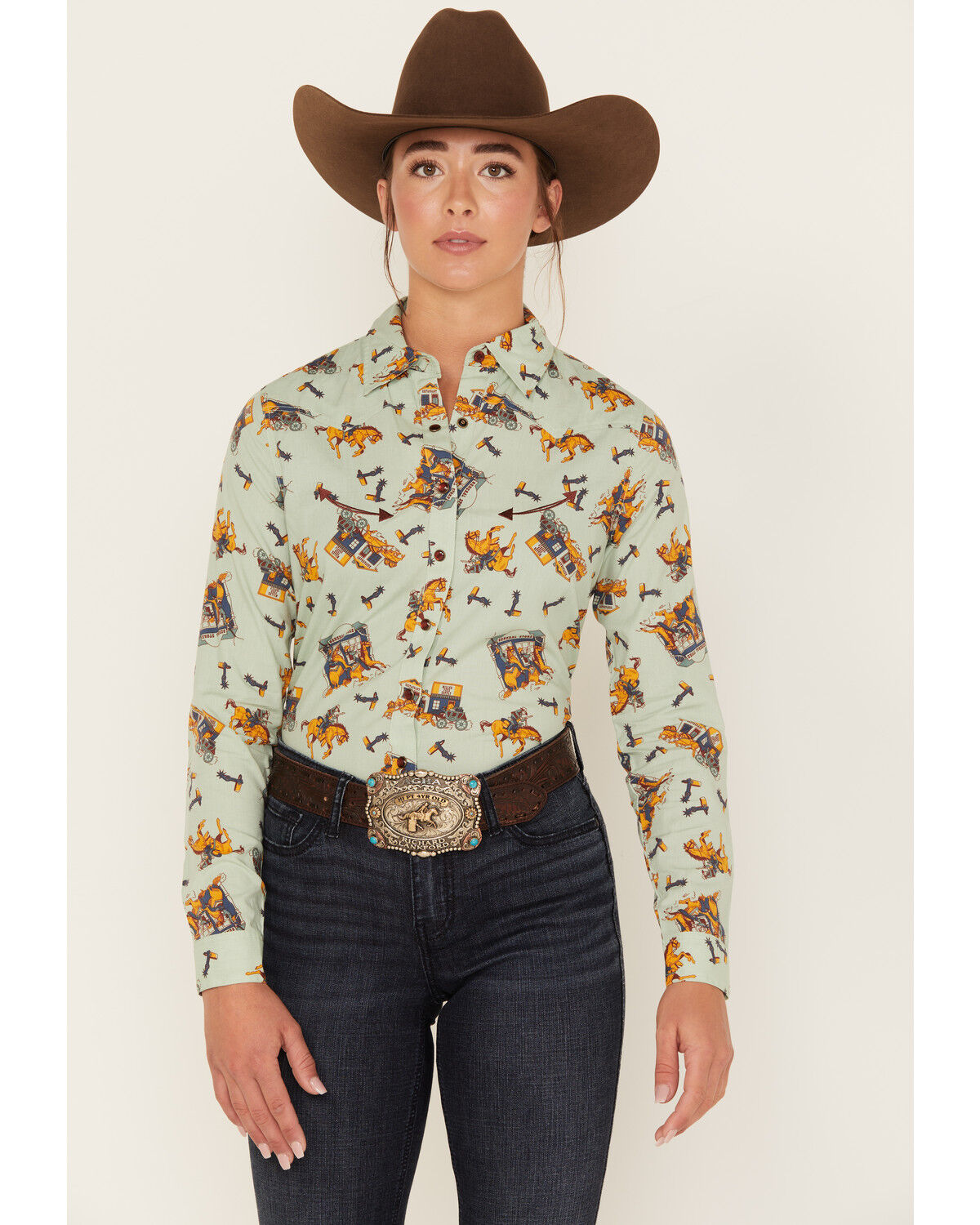 Image #1 - Cruel Girl Women's Western Toss Print Long Sleeve Snap Shirt, Green, hi-res