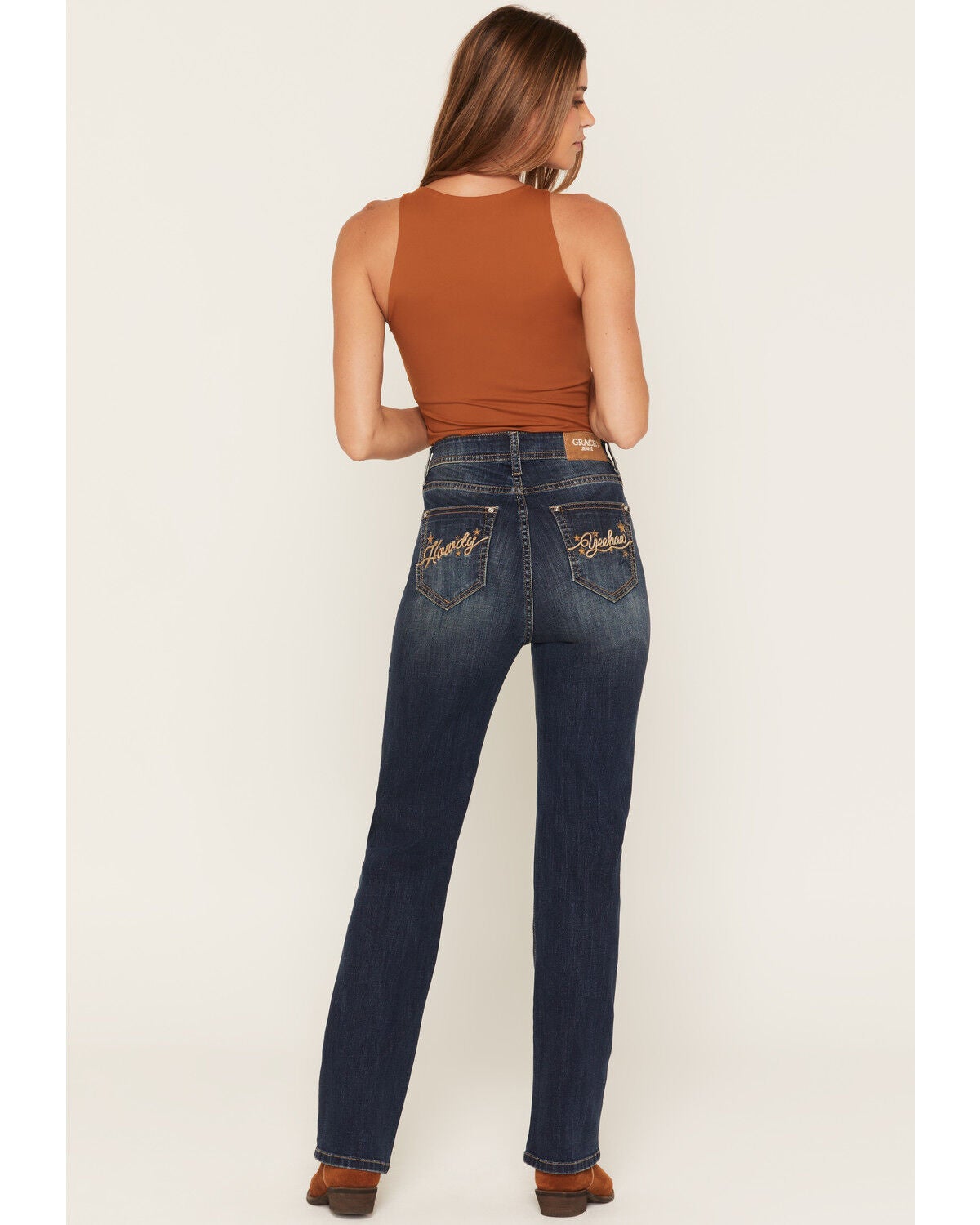 Grace in LA Women's Dark Wash High Rise Howdy Pocket 32" Straight Stretch Denim Jeans, Dark Wash, hi-res