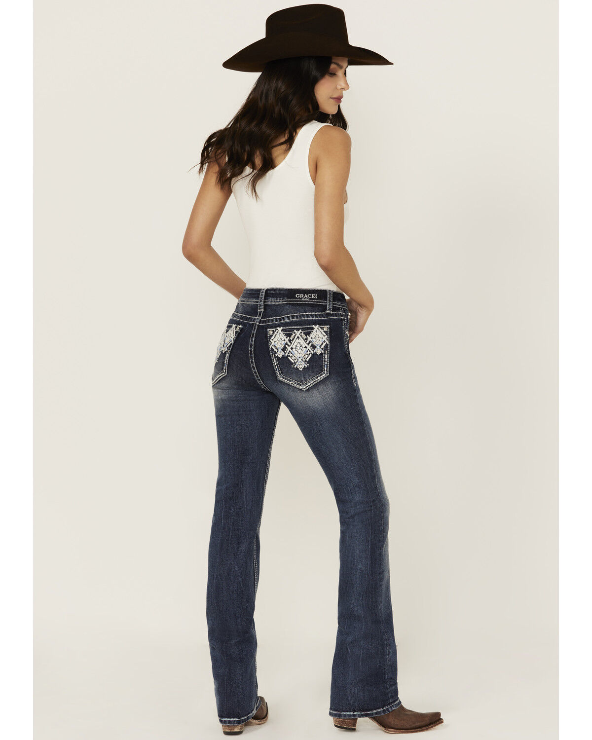 Image #1 - Grace in LA Women's Medium Wash Mid Rise Geo Pocket Bootcut Stretch Denim Jeans, Medium Wash, hi-res