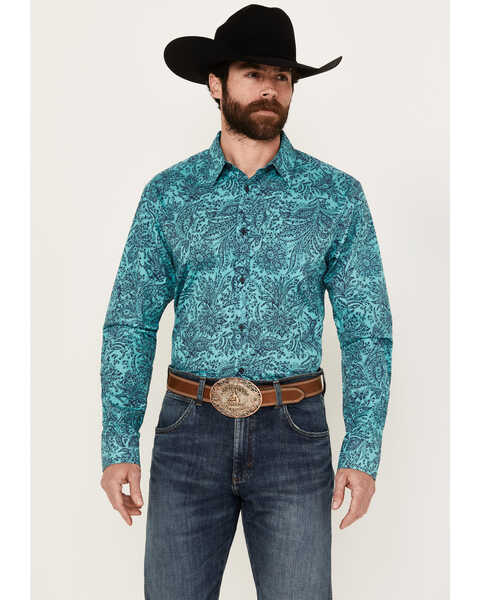 Image #1 - Gibson Men's Even Flow Paisley Print Long Sleeve Button-Down Western Shirt, Turquoise, hi-res