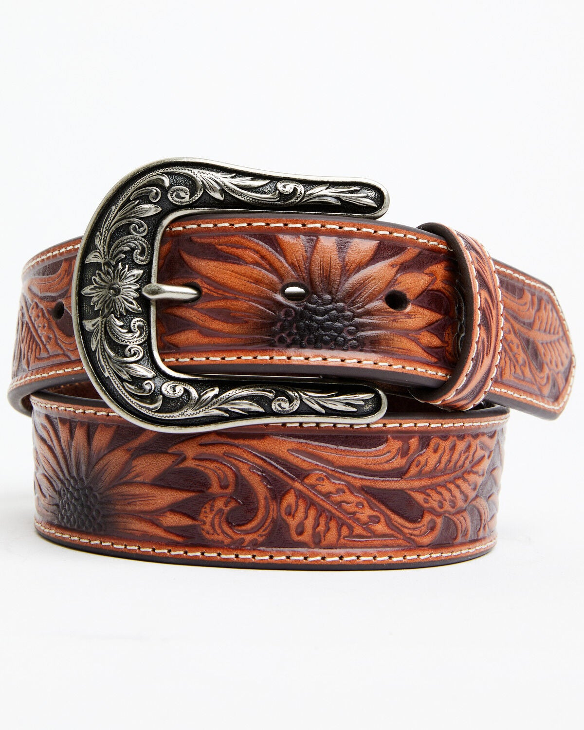 Nocona Women's Sunflower Tooled Leather Belt, Tan, hi-res