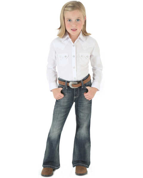 Wrangler Girls' Premium Patch Thick Stitch Bootcut Jeans - 4-14, Denim, hi-res