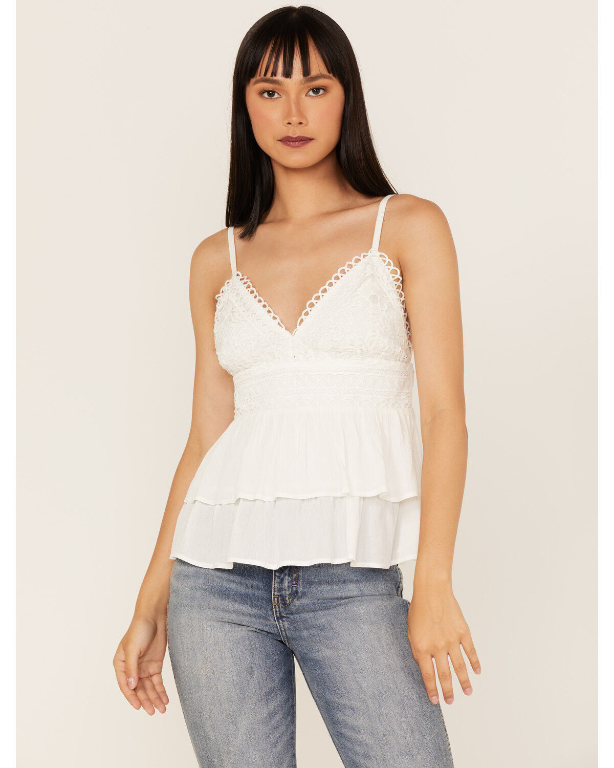 Image #1 - Tempted Women's Crochet Ruffle Crop Cami Top, White, hi-res