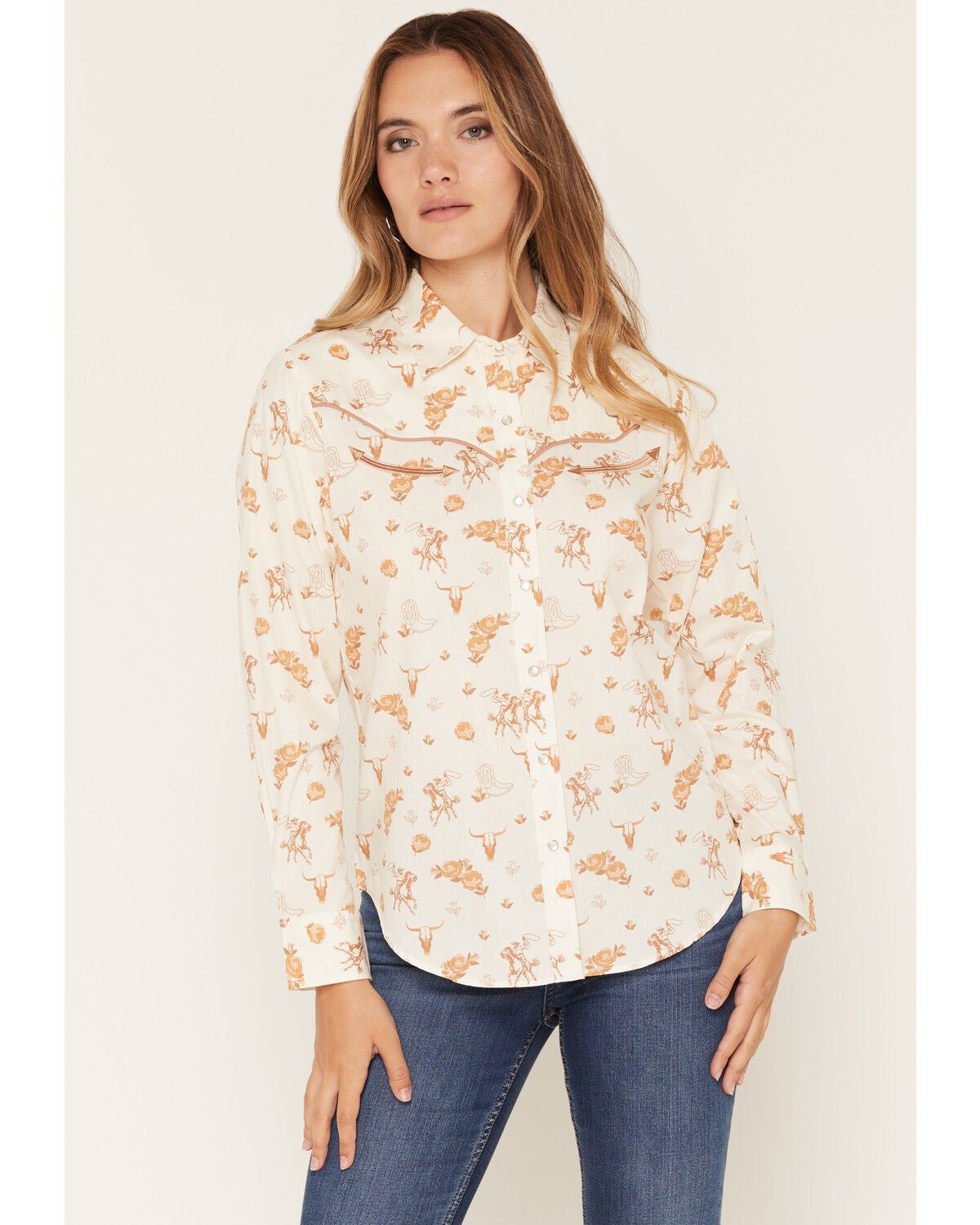 Ely & Walker Women's Boot Barn Exclusive Western Conversational Print Long Sleeve Pearl Snap Western Shirt, Cream, hi-res