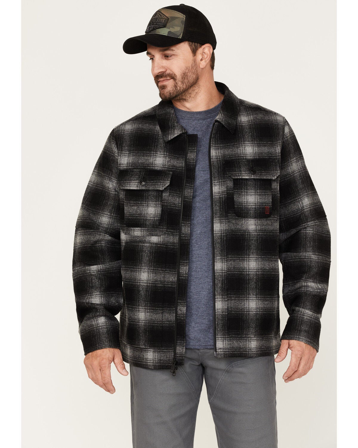 Brothers and Sons Men's Wool Full Zip Plaid Print Jacket, Black, hi-res