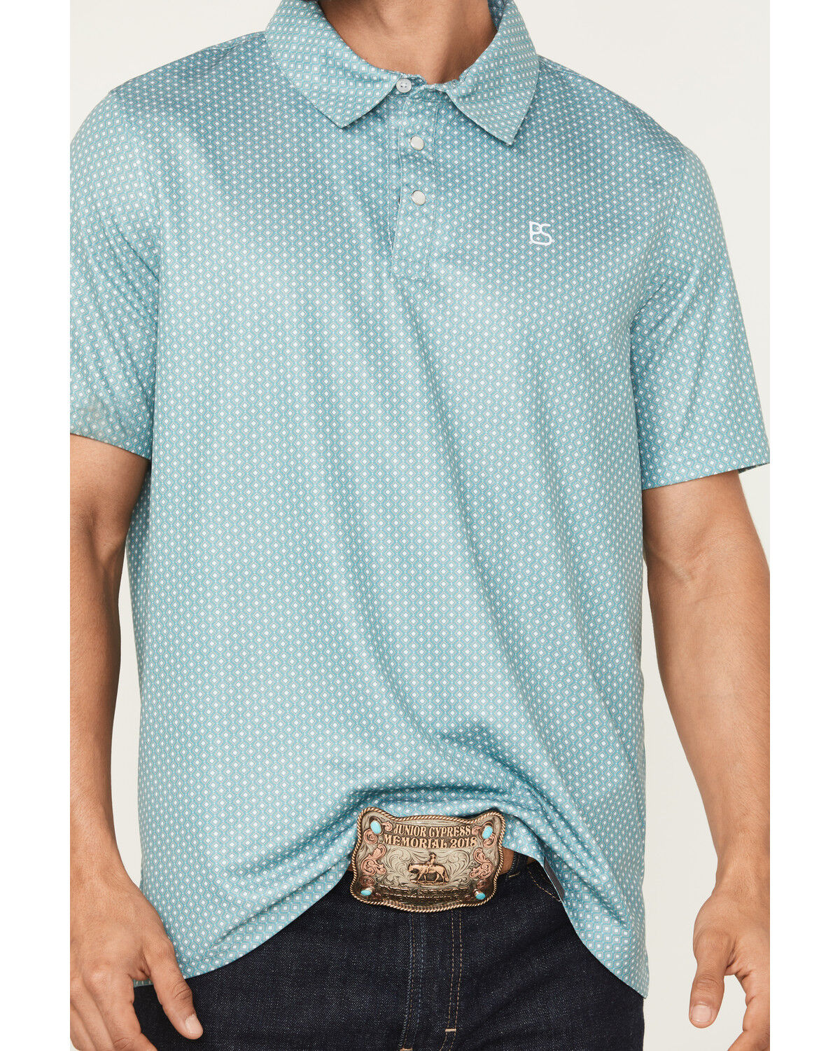 Image #3 - Panhandle Slim Men's Geo Print Short Sleeve Snap Performance Polo Shirt, Turquoise, hi-res