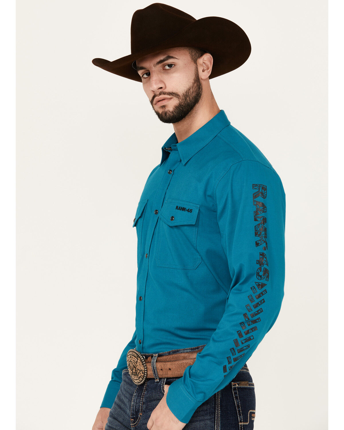Image #2 - RANK 45® Men's Solid Logo Long Sleeve Performance Stretch Western Shirt, Teal, hi-res