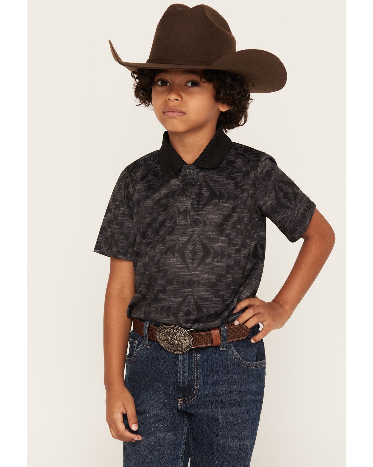 RANK 45&reg; Boys' Tonal Southwestern Print Short Sleeve Polo, Charcoal, hi-res