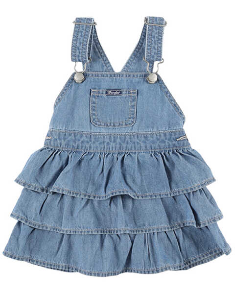 Wrangler Infant Girls' Light Wash Denim Ruffle Overalls Dress, Blue, hi-res