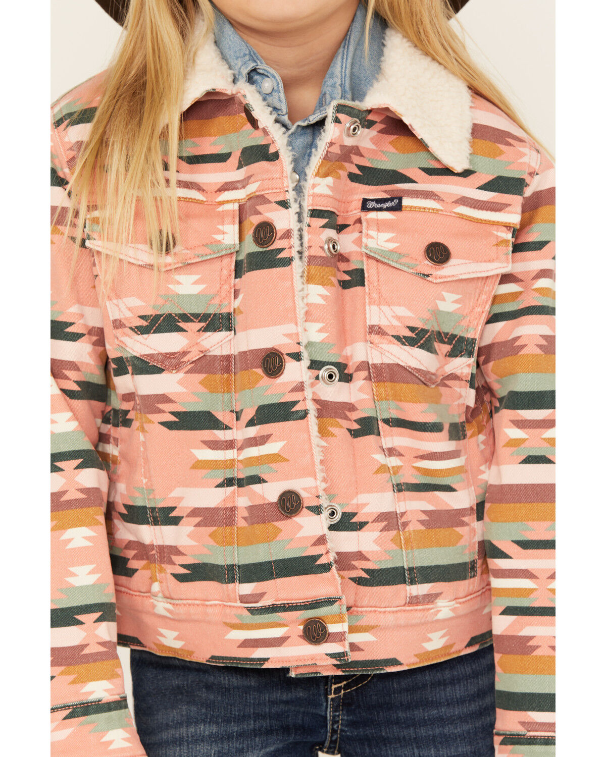Image #3 - Wrangler Girls' Southwestern Print Sherpa Lined Jacket, Pink, hi-res