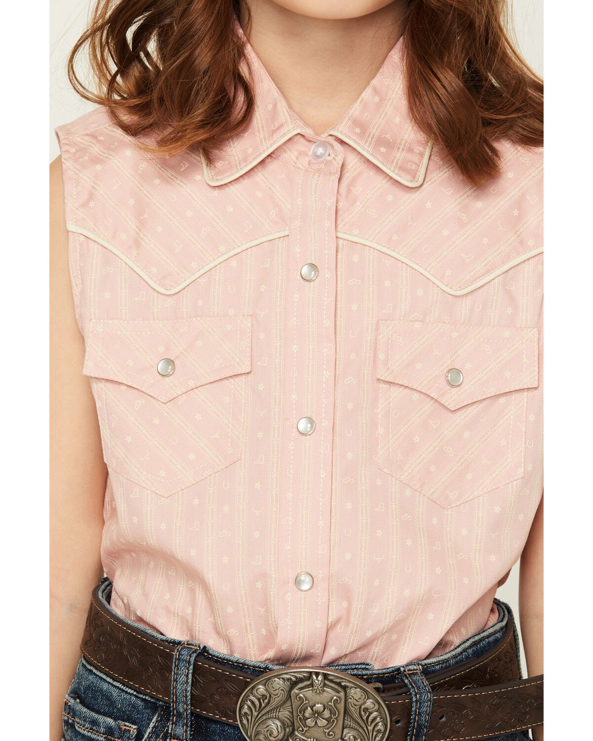 Image #3 - Ely Walker Girls' Striped Western Icon Sleeveless Snap Western Shirt, Pink, hi-res