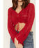 En Creme Women's Crochet Tie Front Long Sleeve Top, Red, hi-res