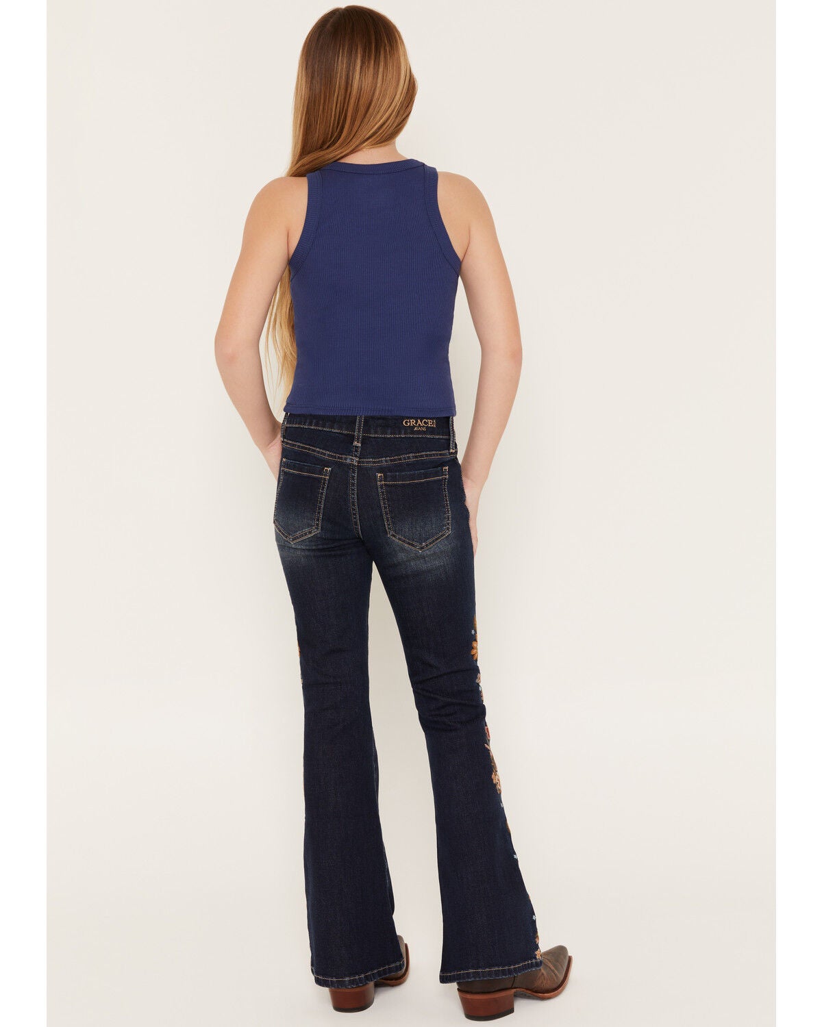 Image #3 - Grace in LA Girls' Dark Wash Floral Embroidered Flare Stretch Denim Jeans, Dark Wash, hi-res