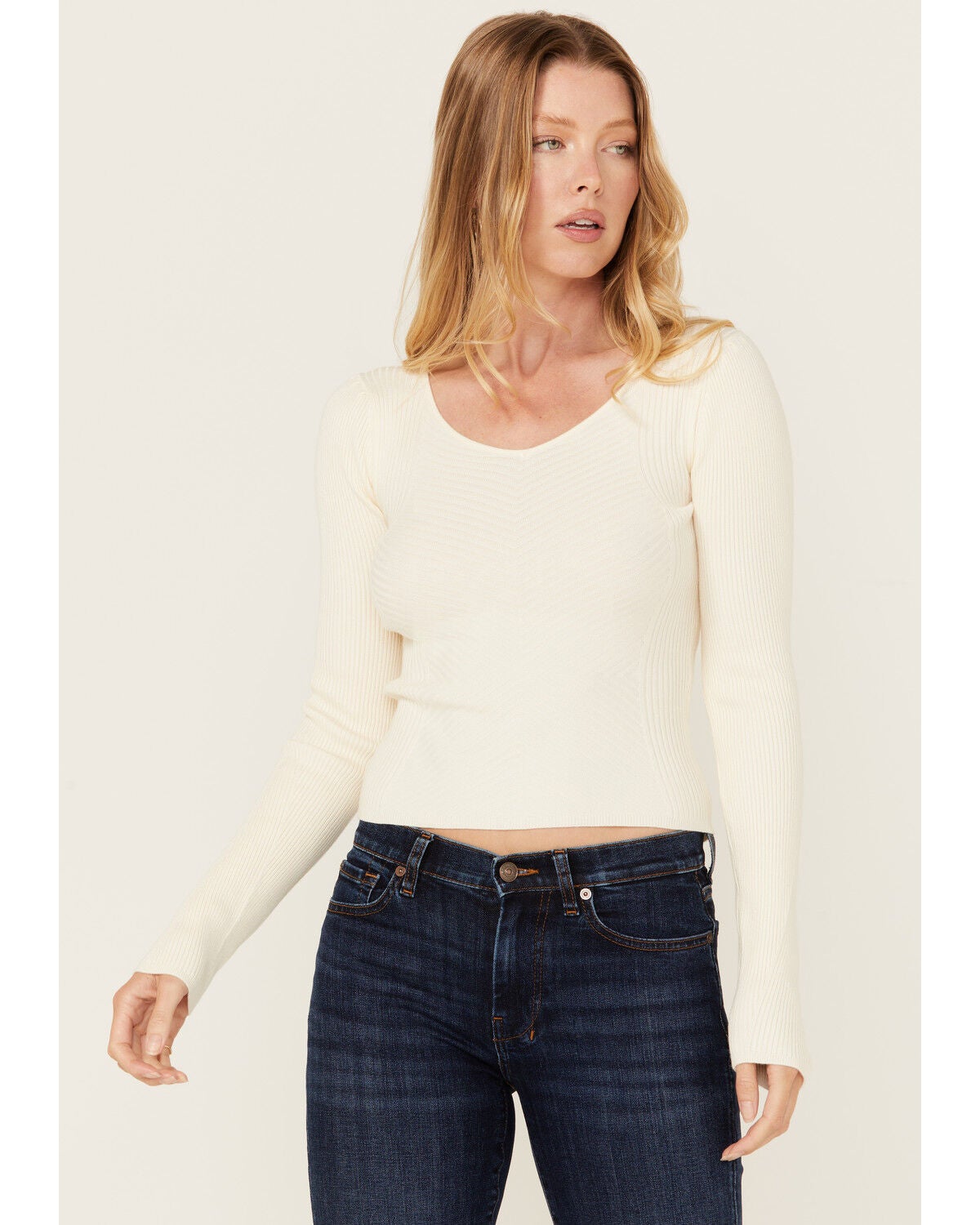 Shyanne Women's Ribbed Long Sleeve Sweater, Off White, hi-res
