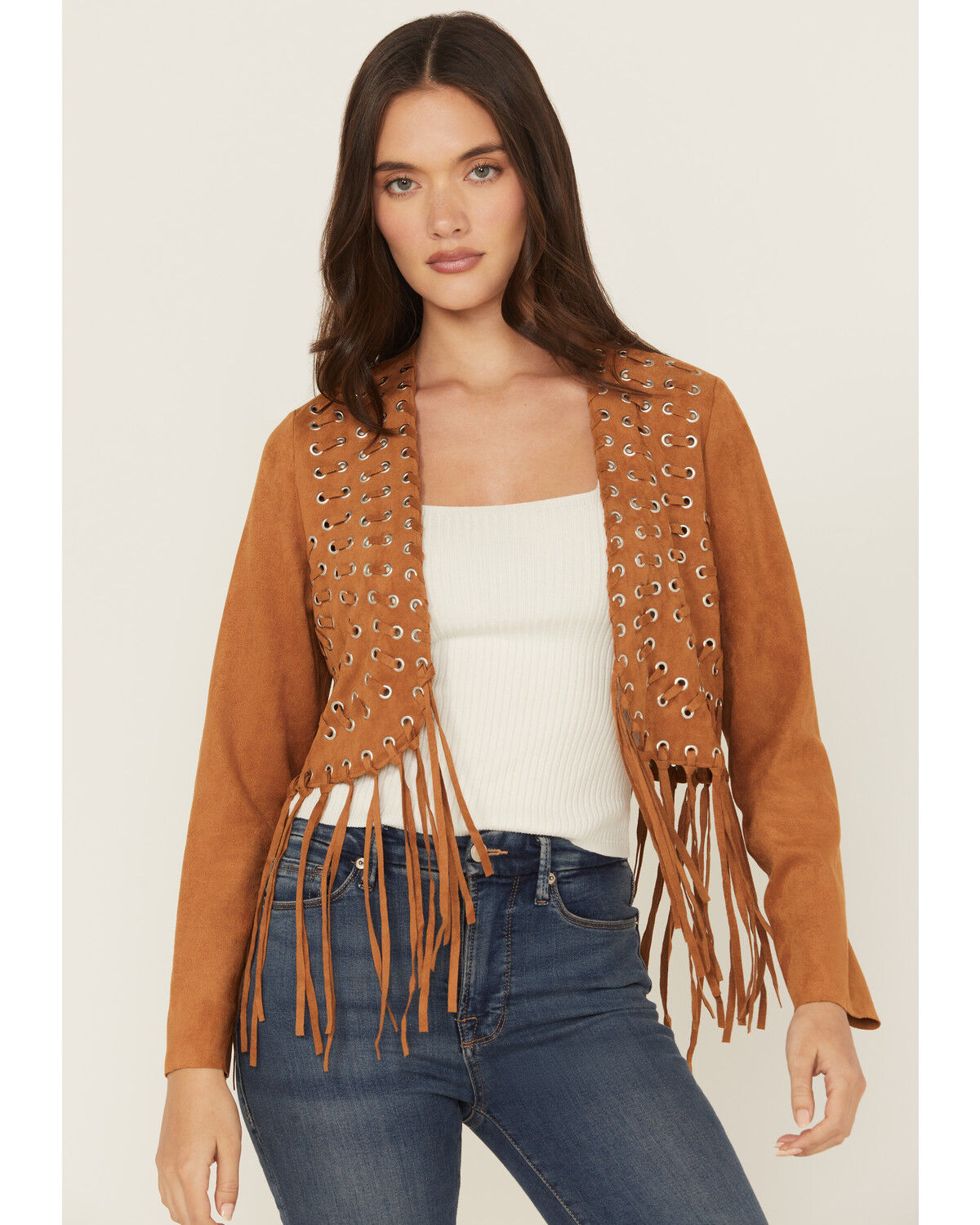 Image #1 - Vocal Women's Fringe Cropped Jacket, Camel, hi-res