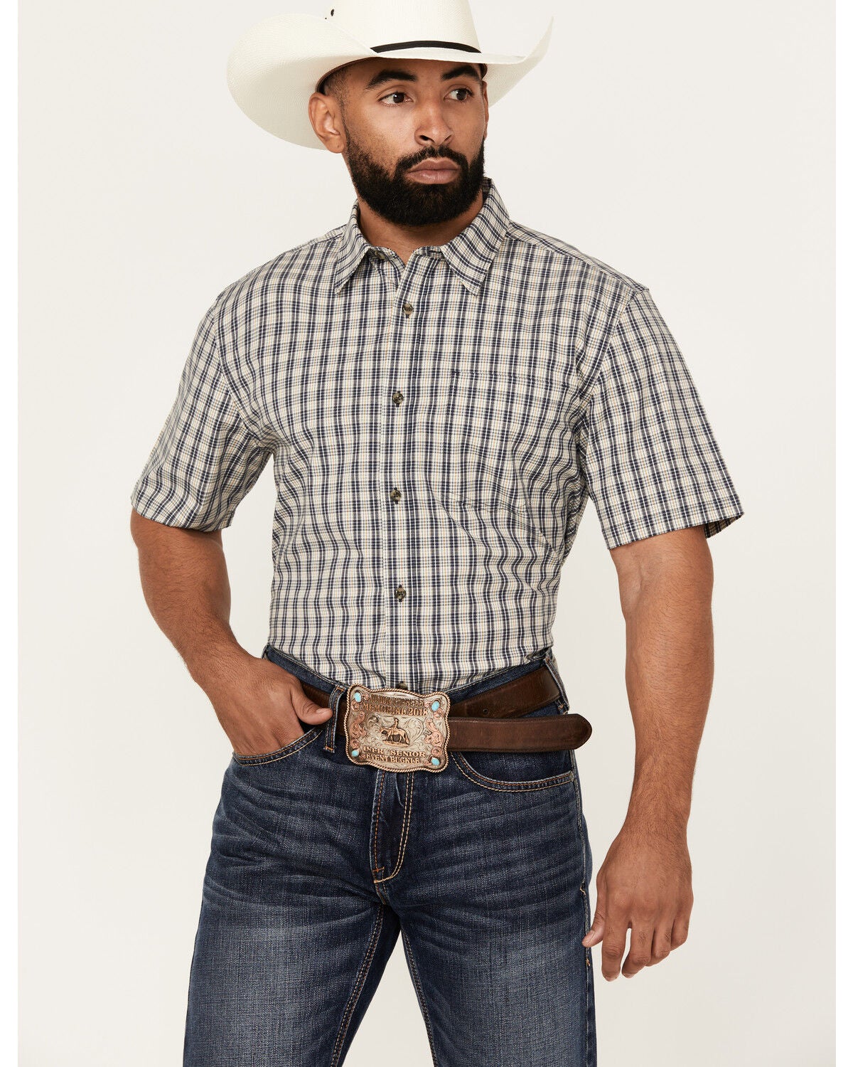Cody James Men's Plaid Print Short Sleeve Button-Down Stretch Western Shirt, Navy, hi-res