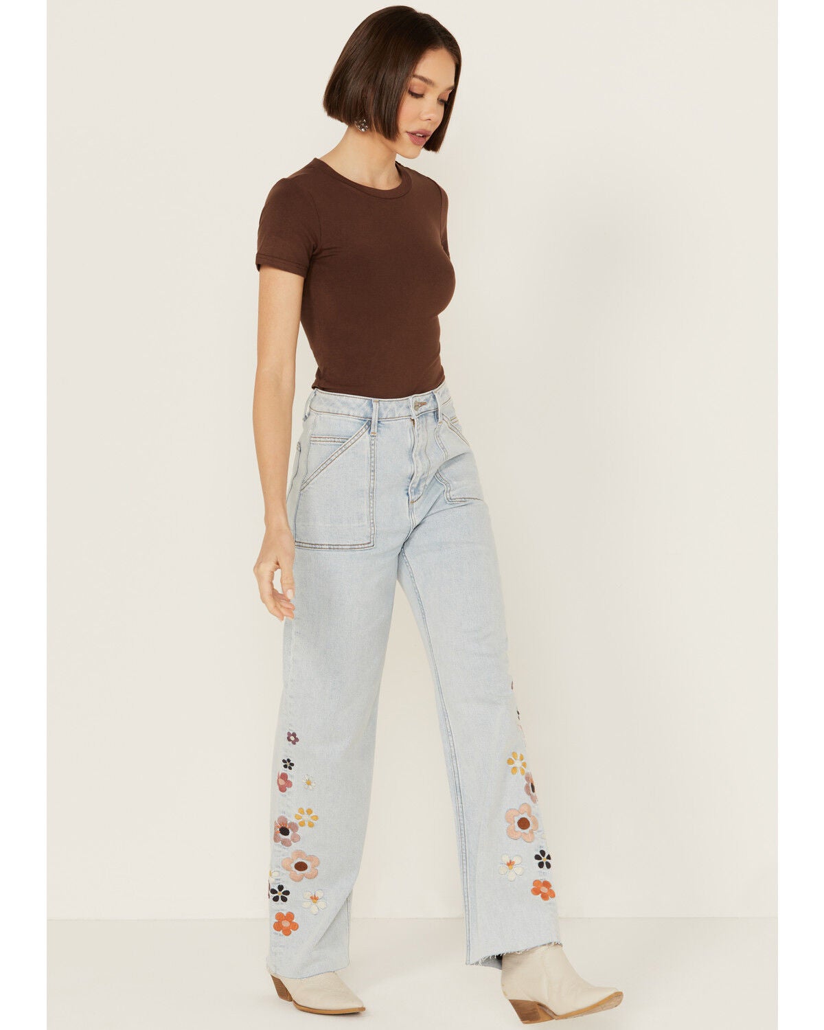 Driftwood Women's Callie X Boogie Nights Light Wash High Rise Floral Embroidered Straight Stretch Denim Jeans, Light Wash, hi-res