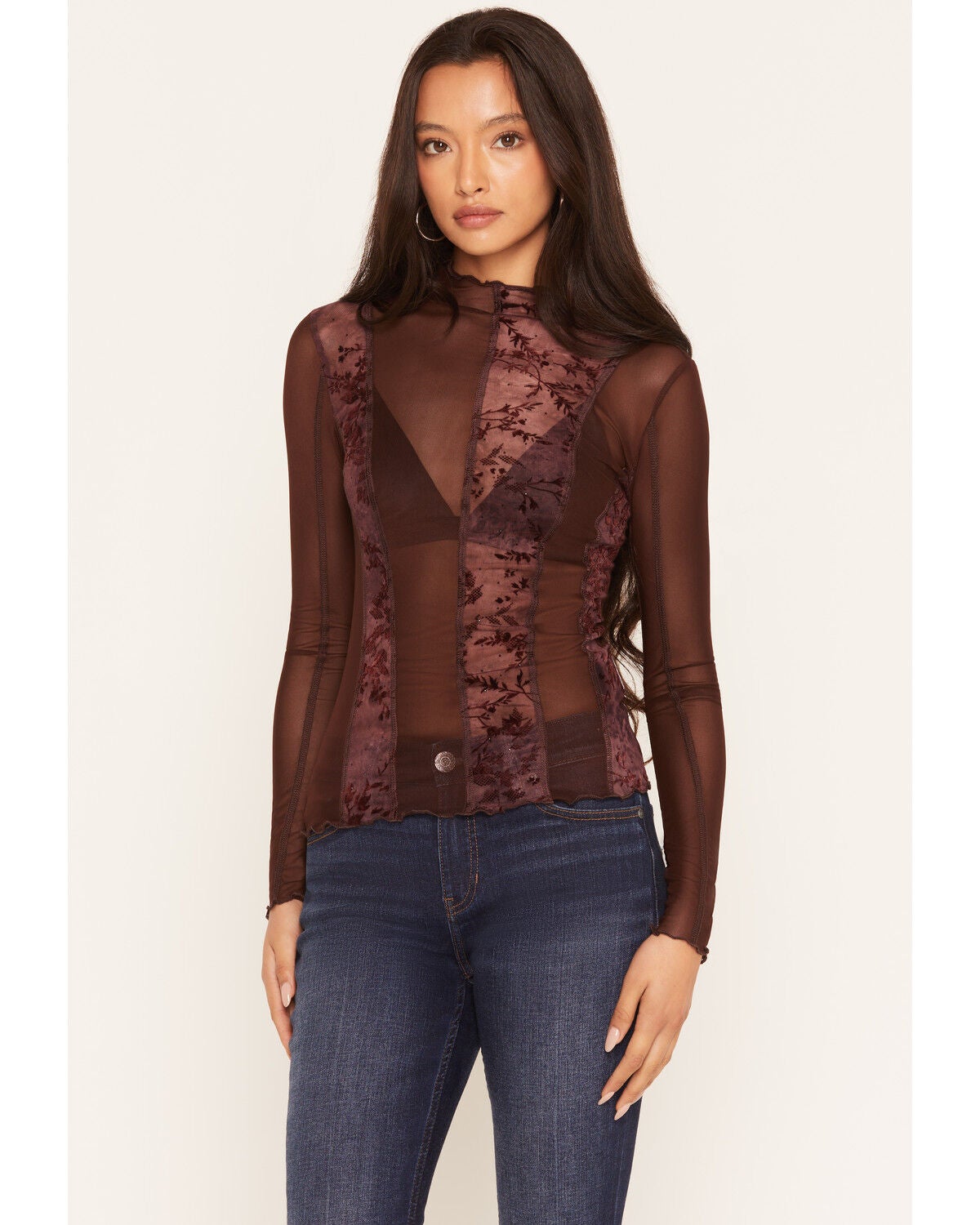 Miss Me Women's Floral Mesh Long Sleeve Top, Burgundy, hi-res