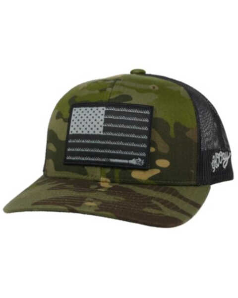 HOOey Men's Green Camo & Black Flag Patch Mesh-Back Trucker Cap , Camouflage, hi-res