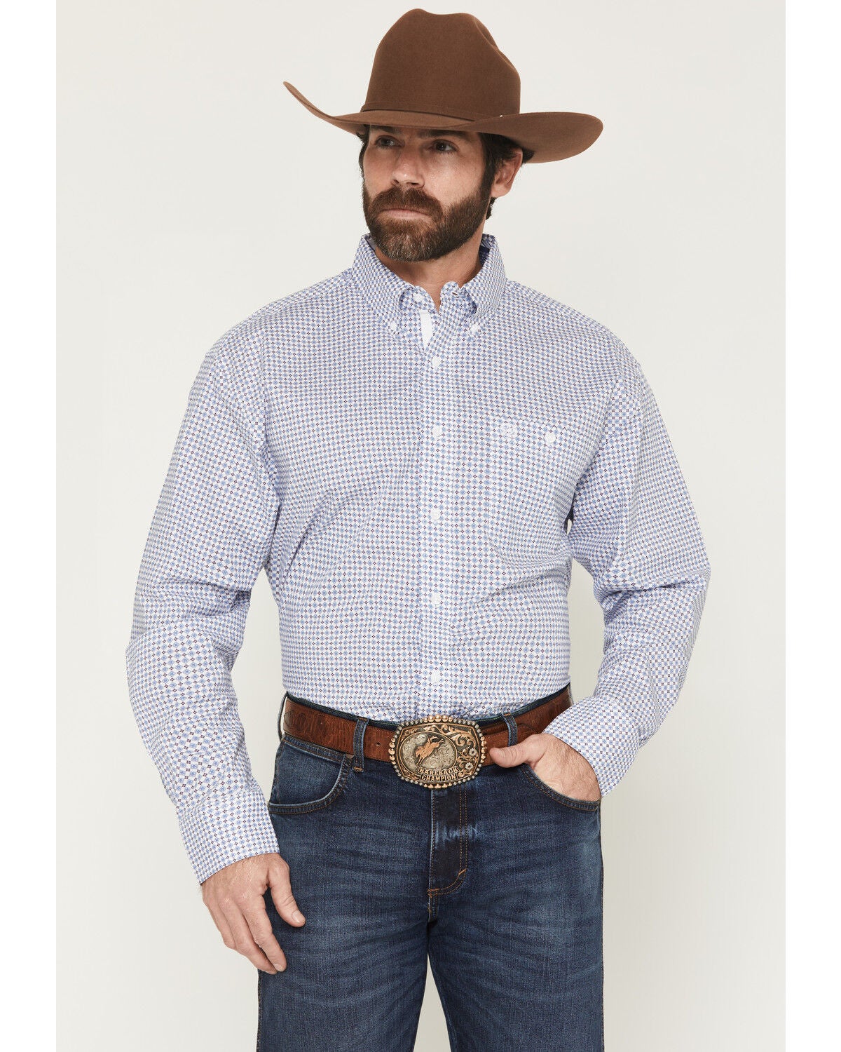 George Strait by Wrangler Men's Geo Print Long Sleeve Button-Down Stretch Western Shirt, Blue, hi-res