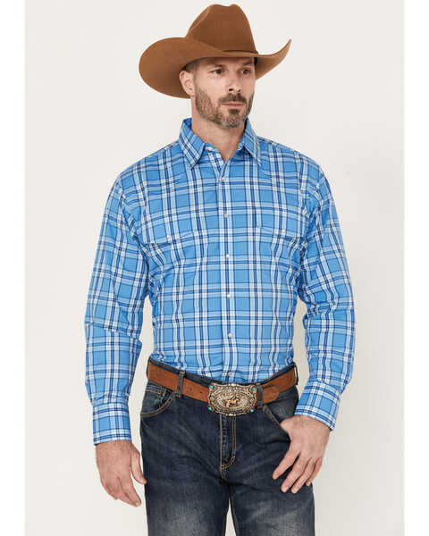 Image #1 - Wrangler Men's Plaid Print Long Sleeve Pearl Snap Western Shirt, Blue, hi-res