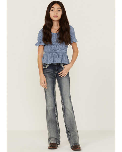 Grace In LA Girls' Dark Wash Horseshoe Bootcut Jeans, Blue, hi-res