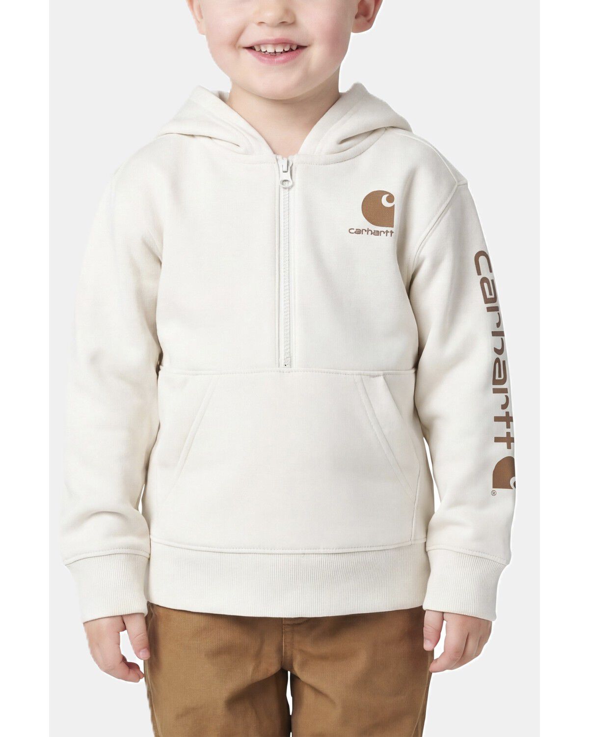 Carhartt Toddler Boys' Long Sleeve Half Zip Hooded Logo Pullover, Cream, hi-res