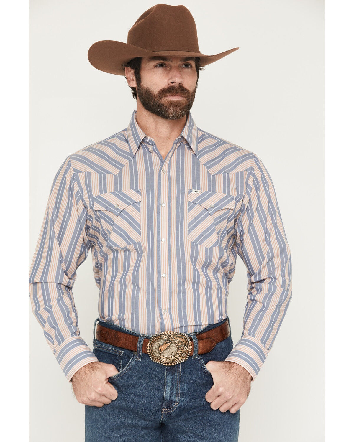 Ely Walker Men's Striped Long Sleeve Pearl Snap Western Shirt, Navy, hi-res