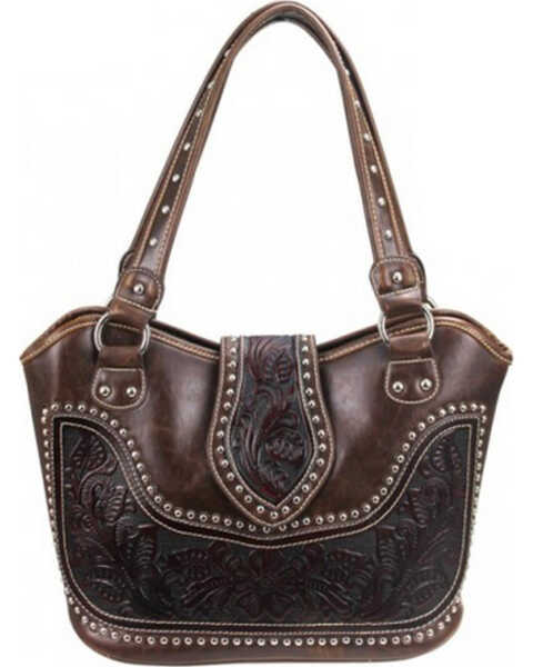 Montana West Tooled Leather Concealed Handgun Studded Handbag, , hi-res
