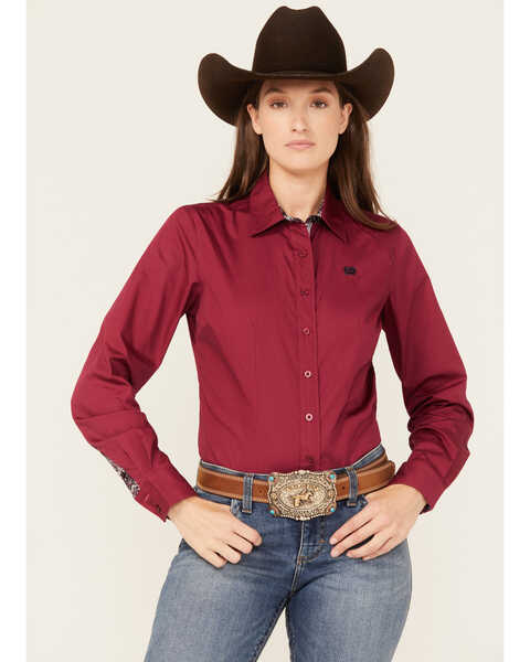 Image #1 - Cinch Women's Solid Long Sleeve Button Down Western Shirt, Burgundy, hi-res