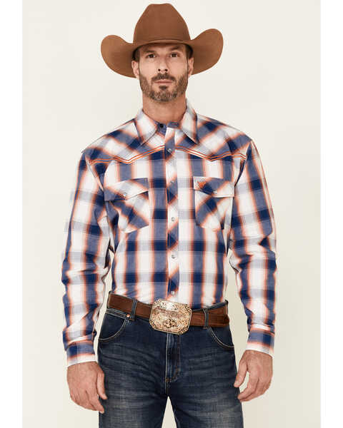 Image #1 - Cowboy Hardware Men's Large Plaid Print Long Sleeve Pearl Snap Western Shirt , Navy, hi-res