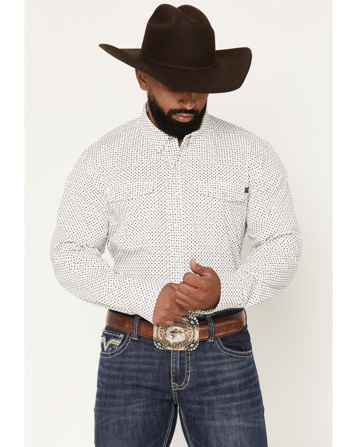 Rock & Roll Denim Men's Geo Print Tek Long Sleeve Snap Performance Shirt, White, hi-res