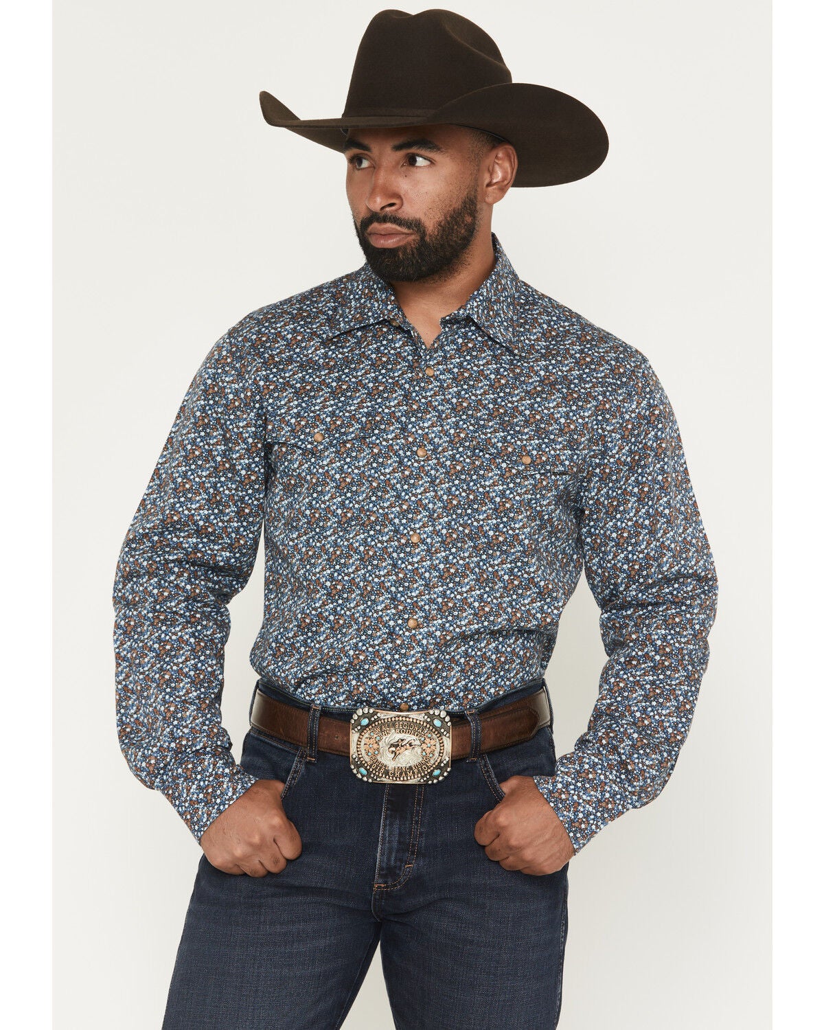 Wrangler Retro Men's Floral Print Long Sleeve Snap Western Shirt, Blue, hi-res