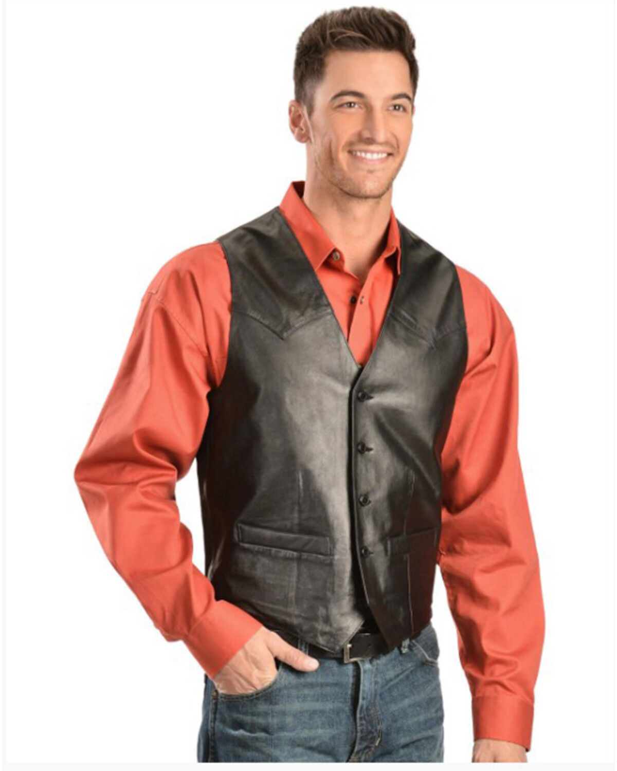 Image #4 - Scully Men's Lamb Leather Western Vest - Tall, Black, hi-res
