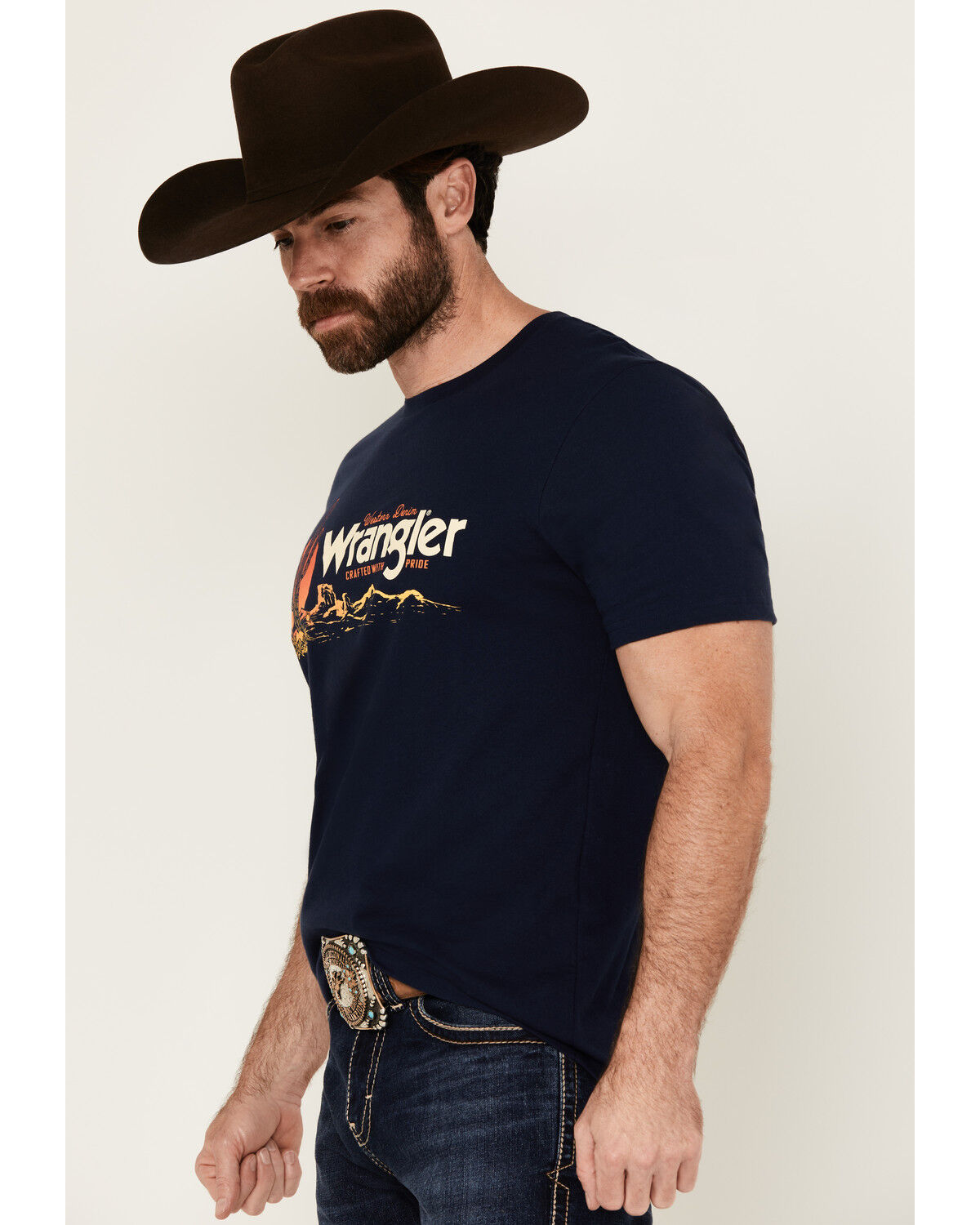 Image #2 - Wrangler Men's Boot Barn Exclusive Scenic Logo Short Sleeve Graphic T-Shirt, Navy, hi-res